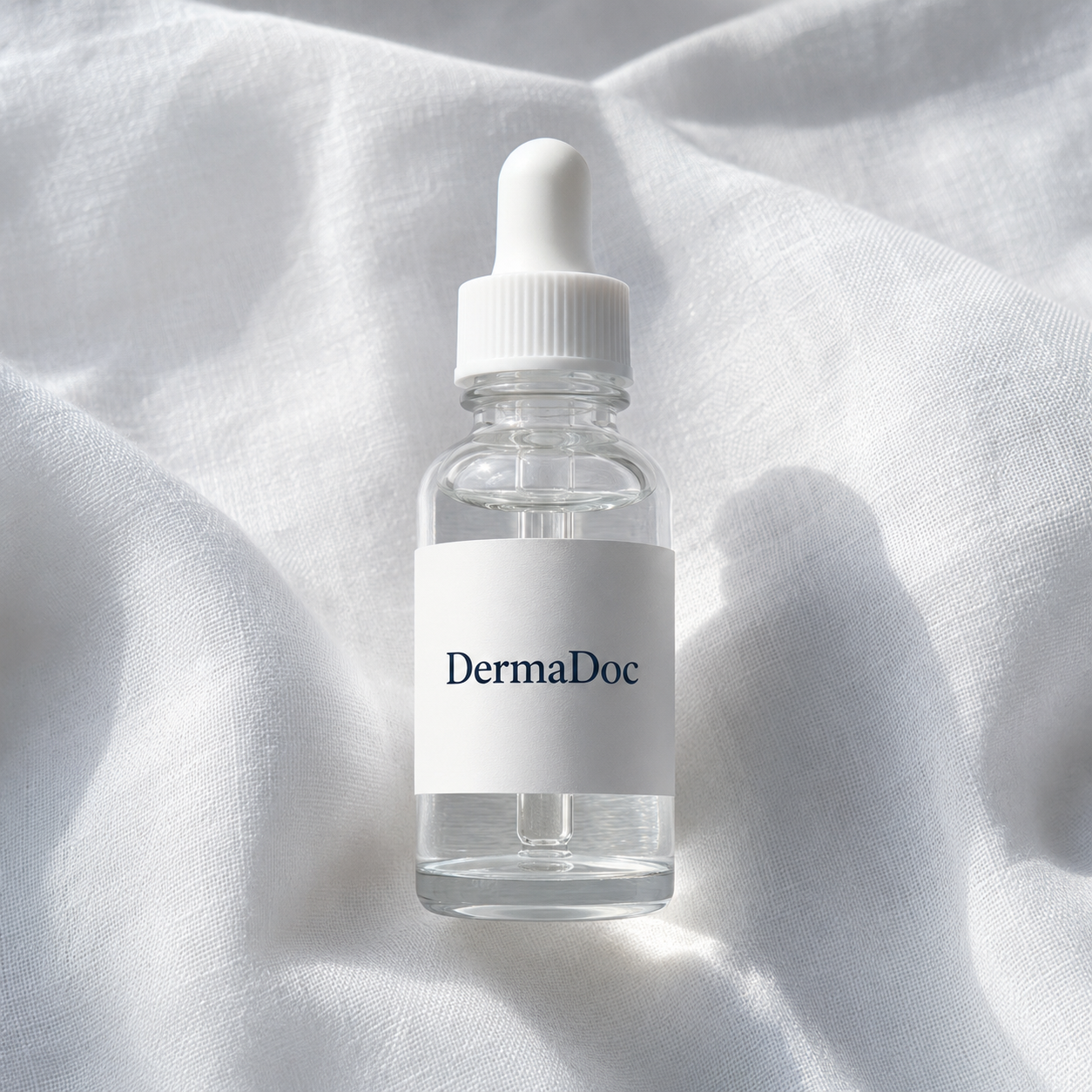 DermaDoc serum bottle on white linen
