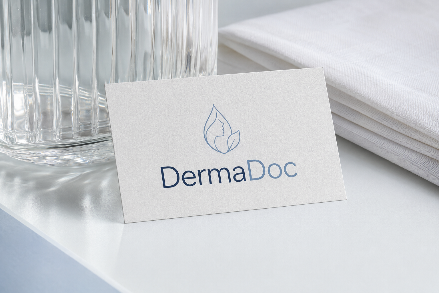 DermaDoc consult card beside glass and folded linen