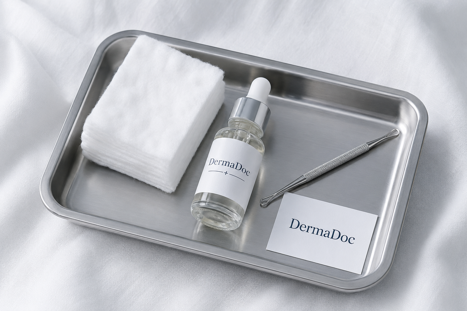DermaDoc treatment tray with cotton, serum, metal tool, and consult card