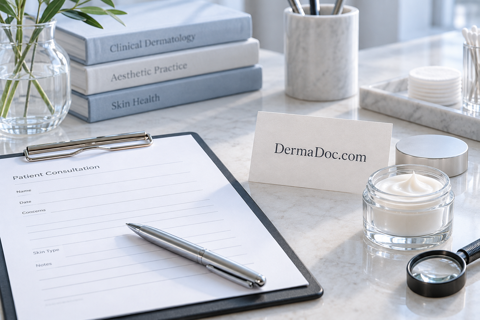 Glass and soft blue clinical materials for a future skin-care brand